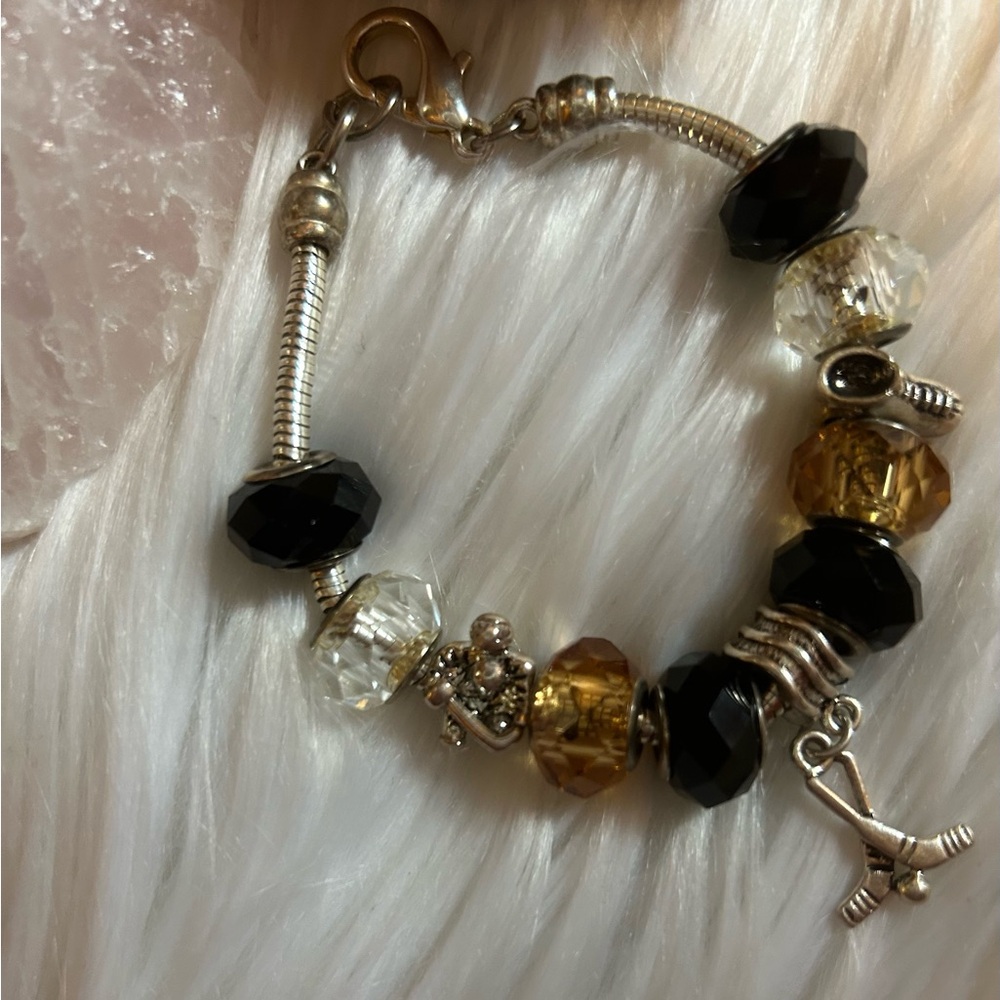 Black and Gold Hockey Charm Bracelet with Beads